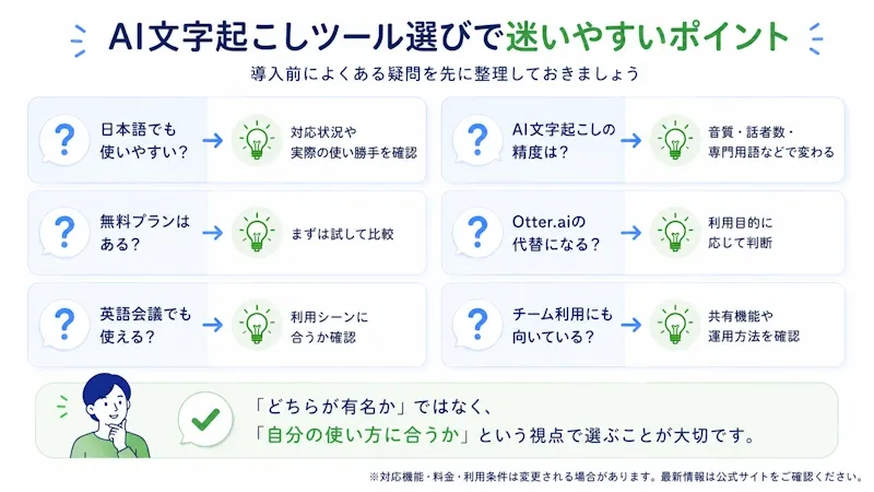 AI文字起こしツール選びで迷いやすいポイント